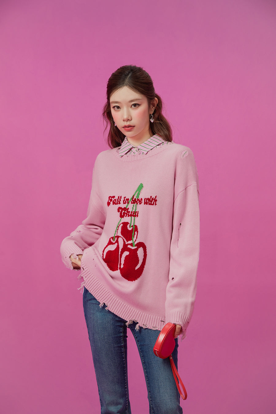 CHUU Distressed Cherry Loose Knit Sweater