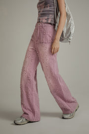 Frayed Ball Pattern Wide Denim Jeans