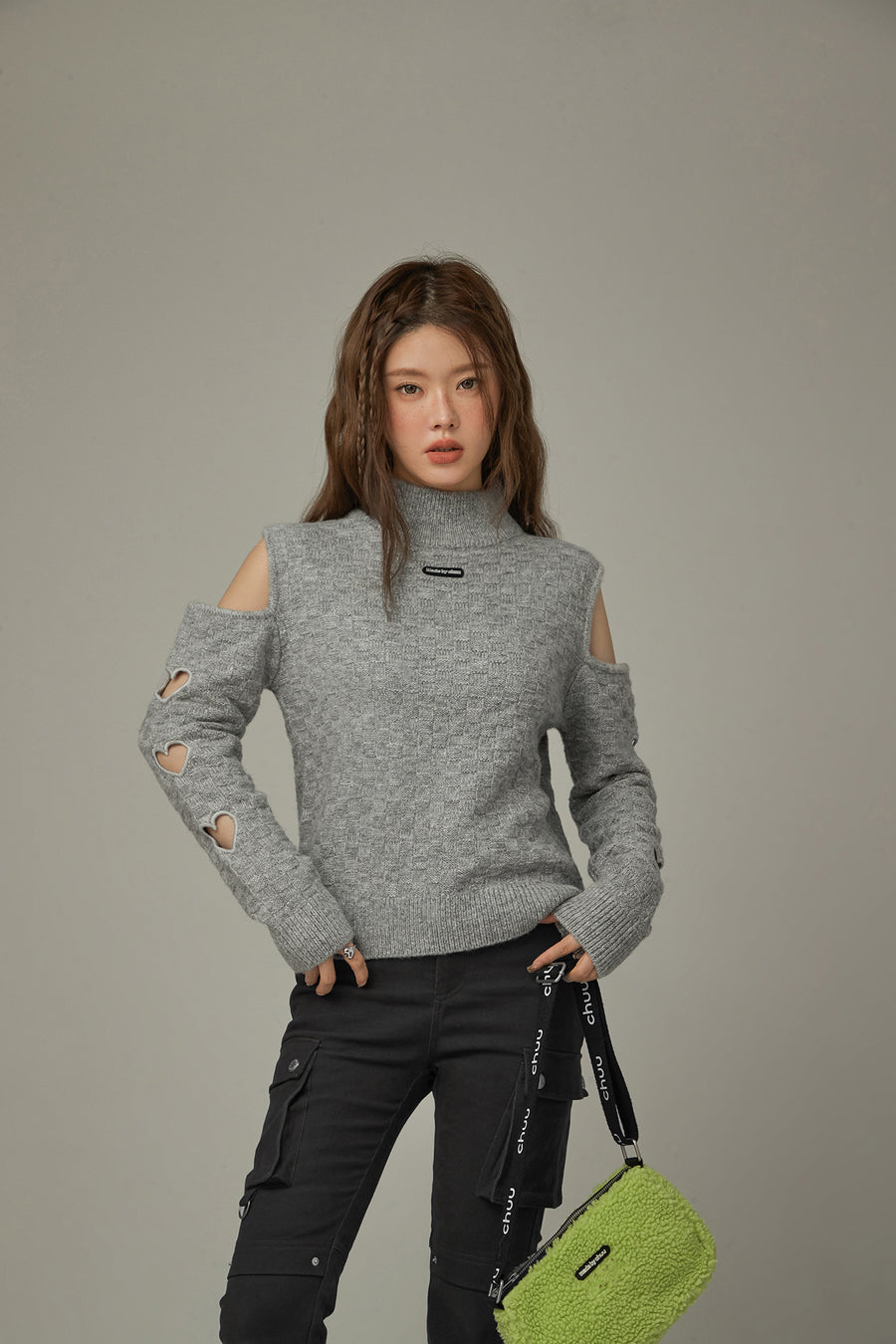 CHUU Off-Shoulder Heart Cut Out Knit Sweater