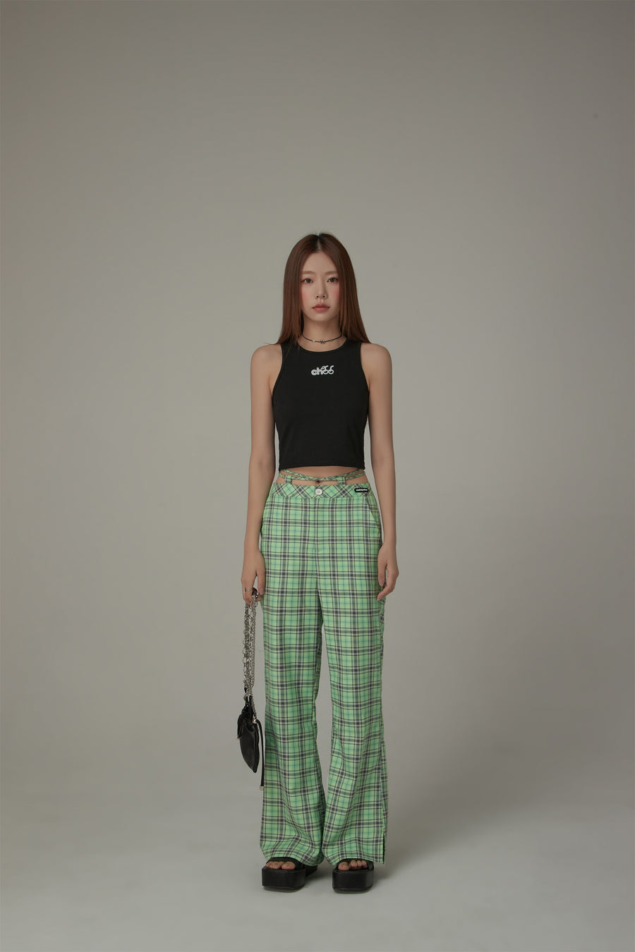 CHUU Color Checked Tie Waist Bootcut Pants