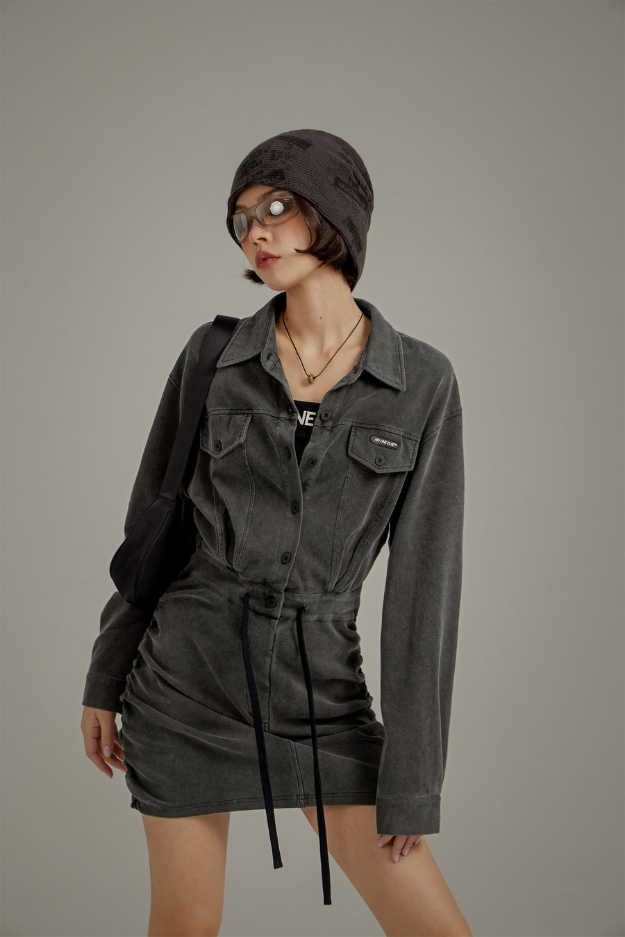 CHUU String Shirring Shirt Mini Dress