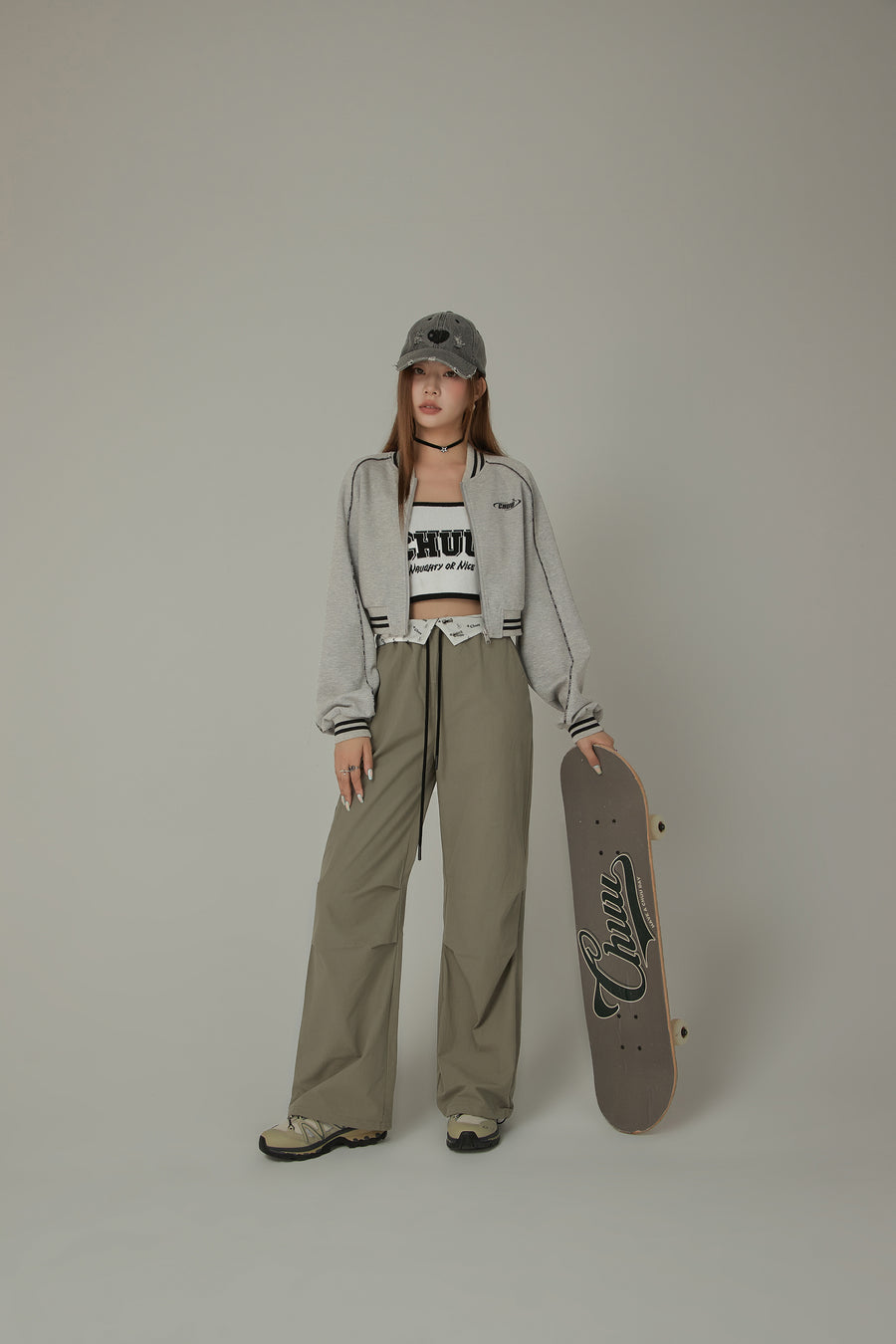 CHUU Color Matching Folded Waist Collar String Pants