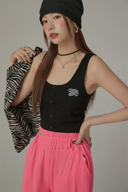 Embroidered Button Sleeveless Basic Top