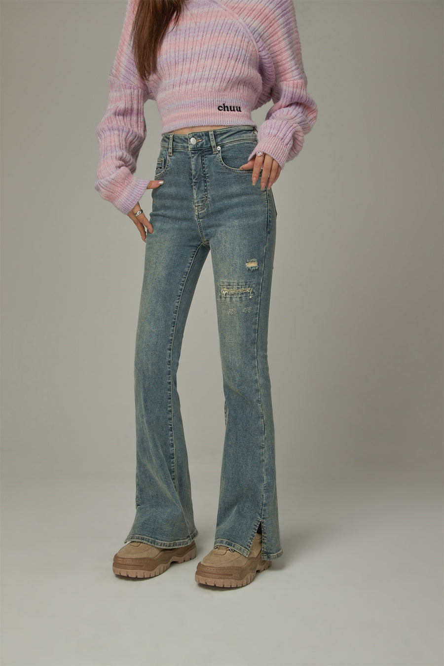 CHUU Washed Ripped Bootcut Denim Jeans