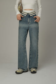 Color Matching Folded Waist Wide Denim Jeans