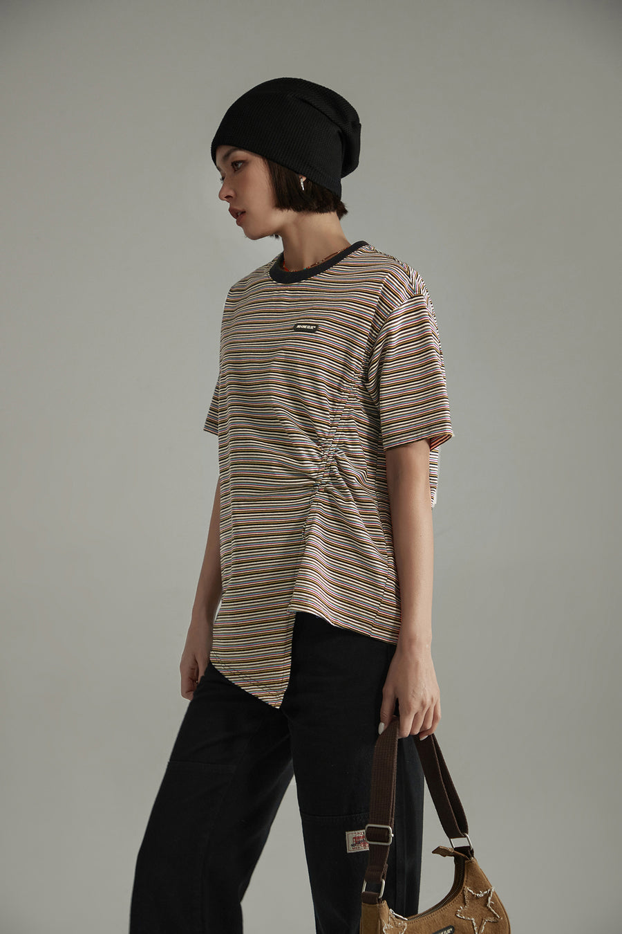 CHUU Striped Slit Shirring String T-Shirt