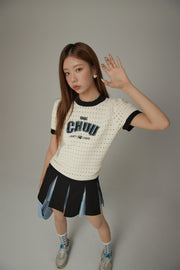 Size Doesnt Matter Color Hole Pattern Preppy Logo Knit Top