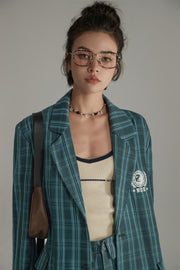 Vintage Check Preppy Embroidered Blazer Jacket