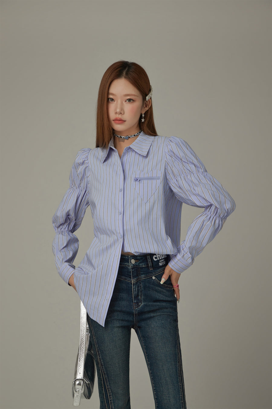 CHUU Heart Pocket Stripe Shirt