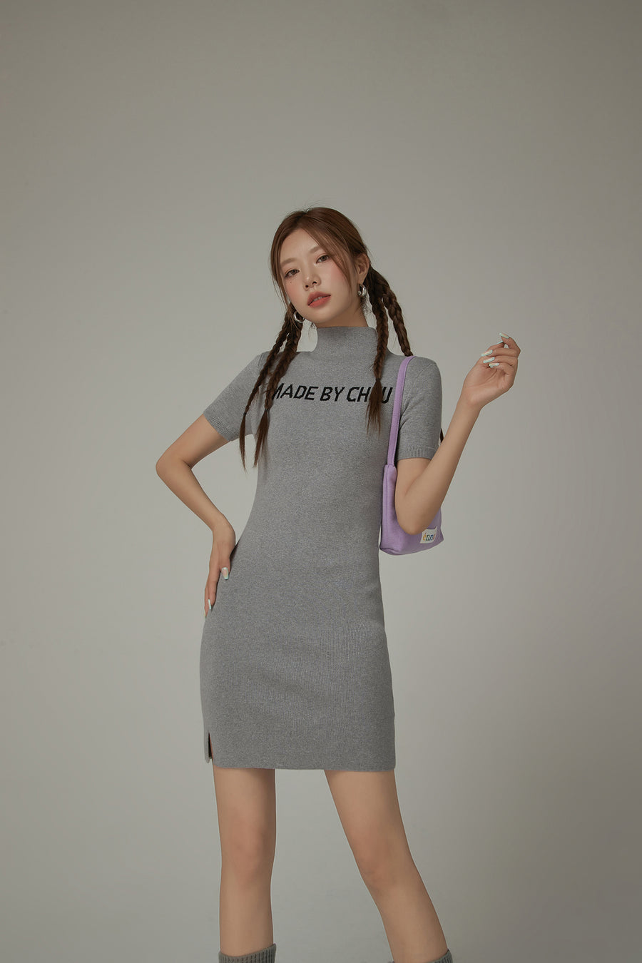 CHUU High Neck Logo Knit Mini Dress