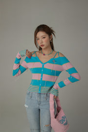 Color Combination Stripe Off The Shoulder Knit Sweater