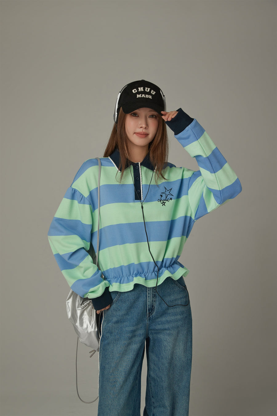 CHUU Polo Neck Stripe Sweatshirt