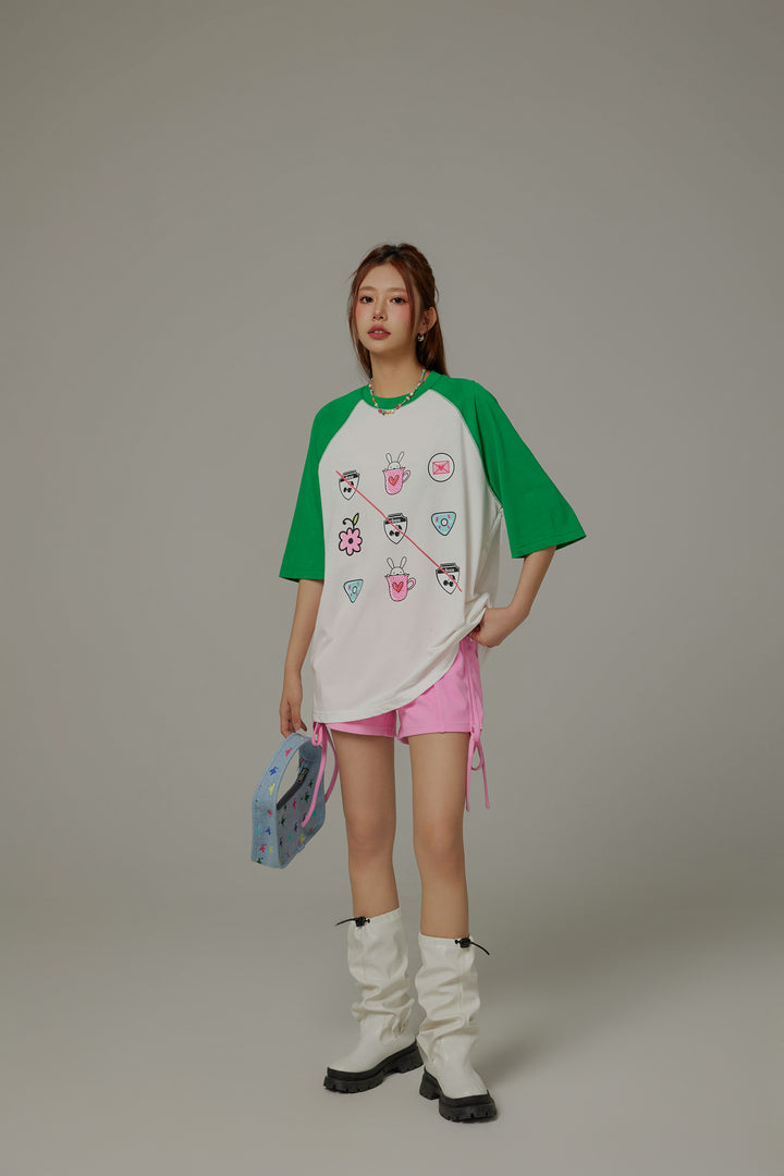 Chuu Cute Printed Icons Raglan Loose-Fitting T-Shirt