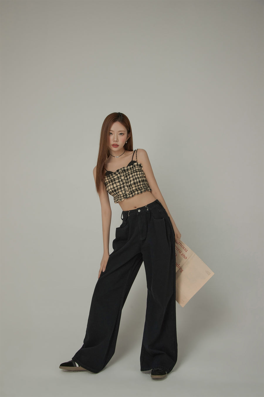 CHUU Check Ruffle Buttons Sleeveless Bustier Top