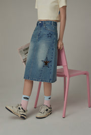 Hollow Star Washed Denim Medium Length Skirt