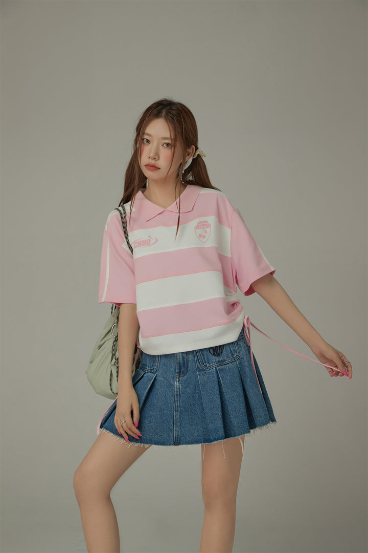 Color Stripe Color Side Drawstring Top