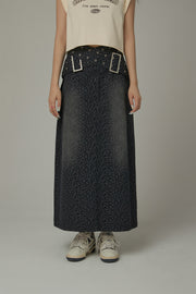 Belted Double Buckle Leopard Long Skirt