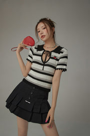 Stripe Ribbon Keyhole Knit Top