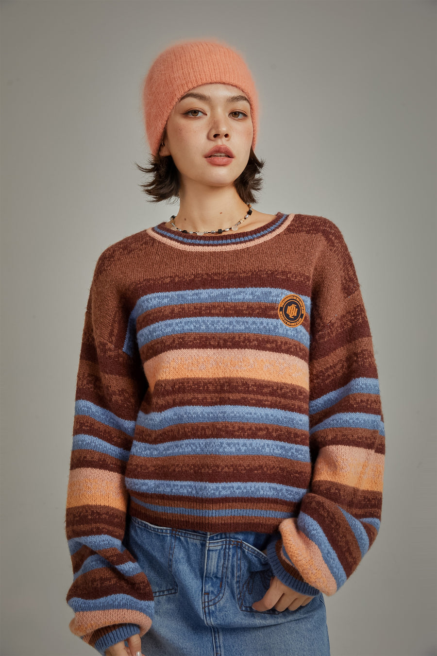 CHUU Logo Striped Loose Fit Knit Sweater