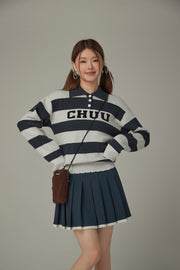 Polo Neck Striped Knit Top