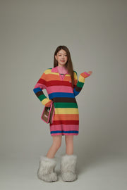 Open Collar Rainbow Knit Dress