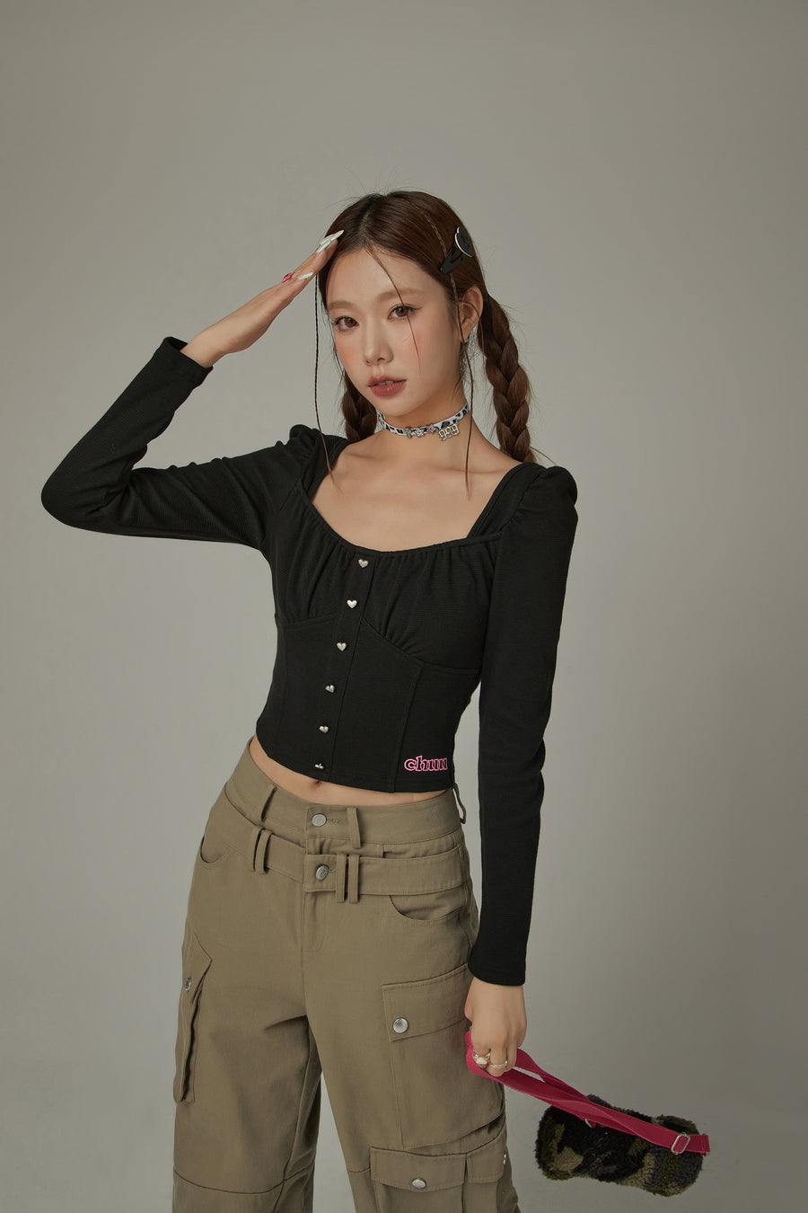 CHUU Heart Buttons Square Puff Sleeve Top