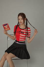 Chuu Lettering Half Striped Colorblocked Knit Crop Top