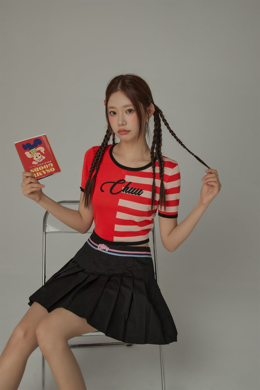 CHUU Chuu Lettering Half Striped Colorblocked Knit Crop Top