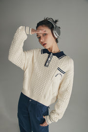 Polo Neck Color Varsity Knit Sweater