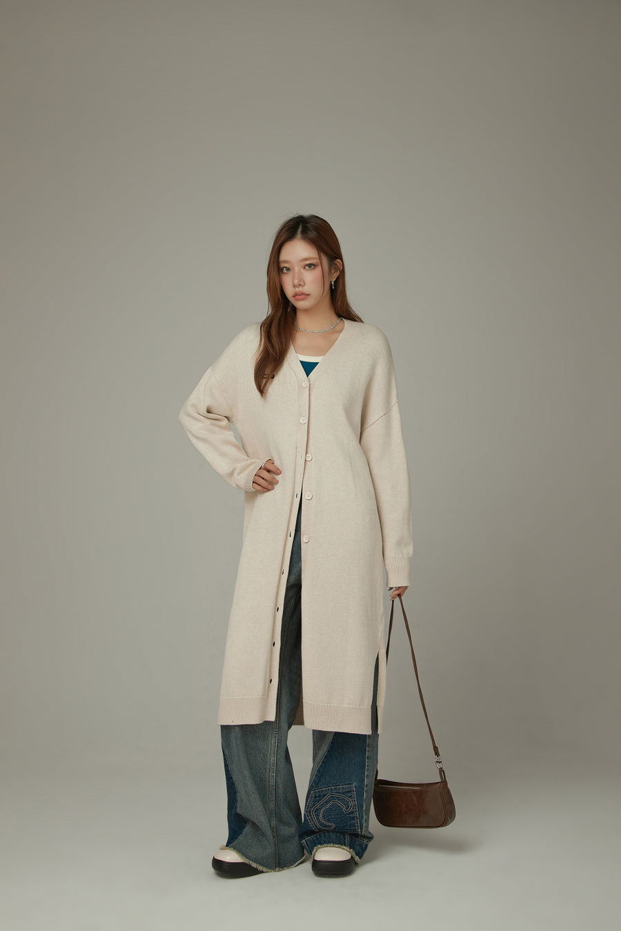 CHUU Slit Wrap Button Knit Long Cardigan