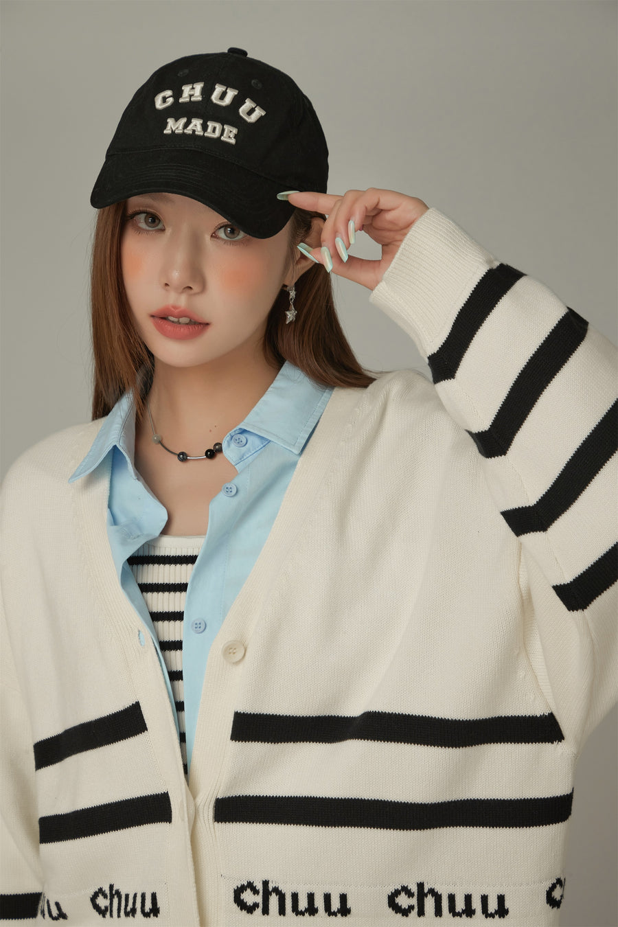 CHUU Lettering Striped Knit Cardigan