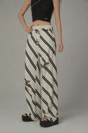 Diagonal Striped Leg Slits Training Wide Pants