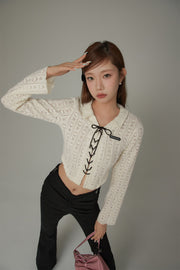 Heart Pattern Bow Lace Up Crop Blouse