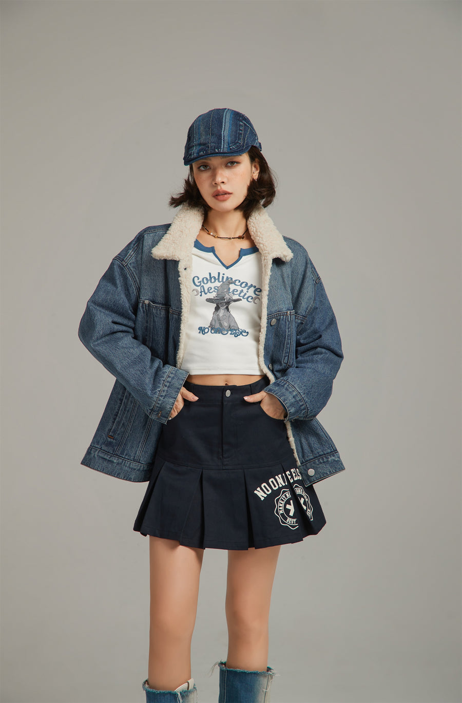 CHUU Fluffy Collar Denim Jacket