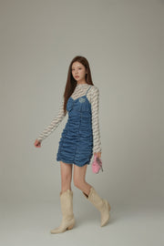 Sleeveless Shirring Denim Mini Dress