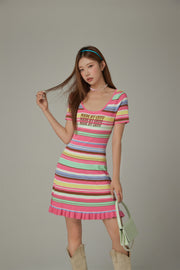 Rainbow Stripe Lettering Ruffle Hem Knit Dress