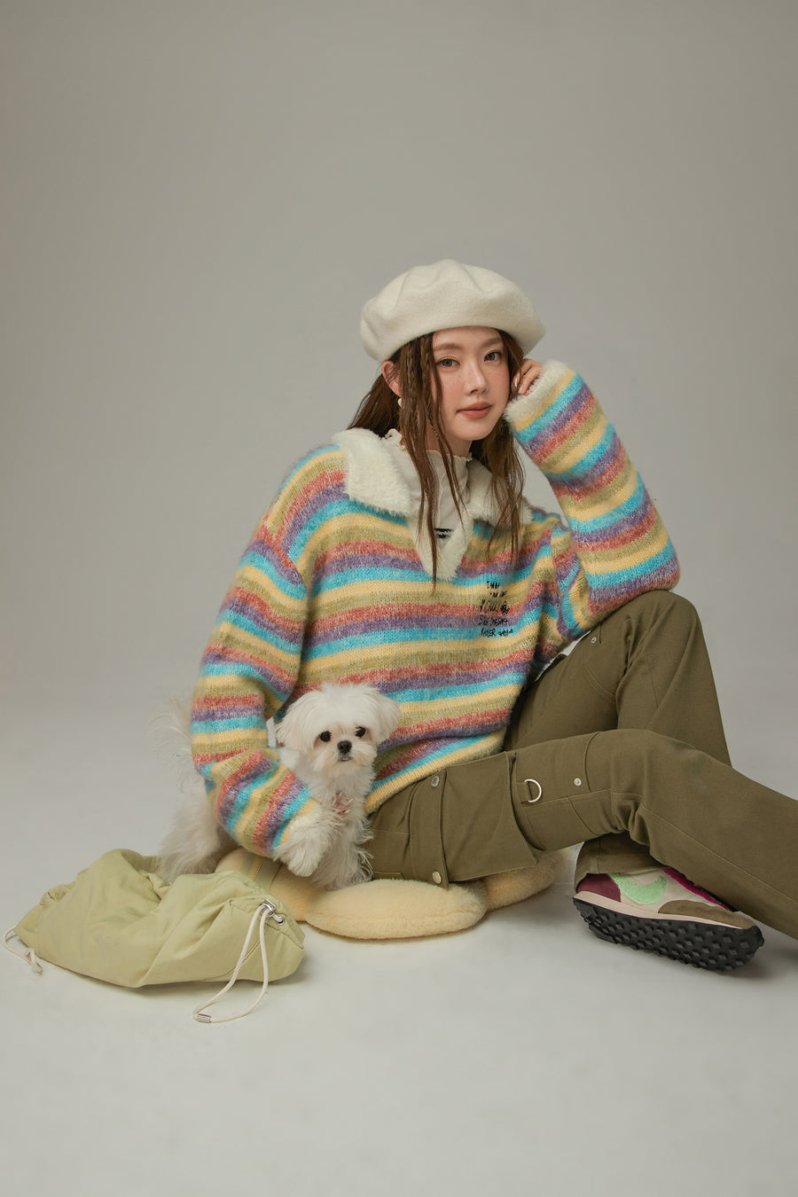 CHUU Collar Rainbow Stripe Knit Sweater