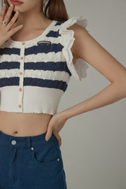 Ruffled Lace Striped Crop Knit Top