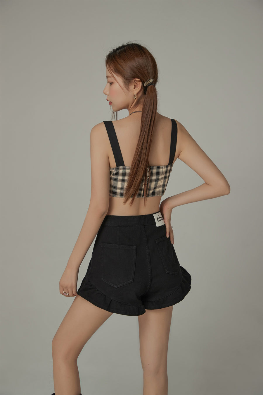 CHUU Check Ribbon Sleeveless Bustier Top