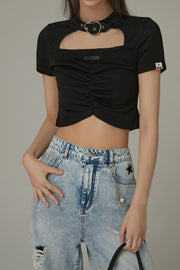 Belted Choker Front Cut Out Shirred T-Shirt