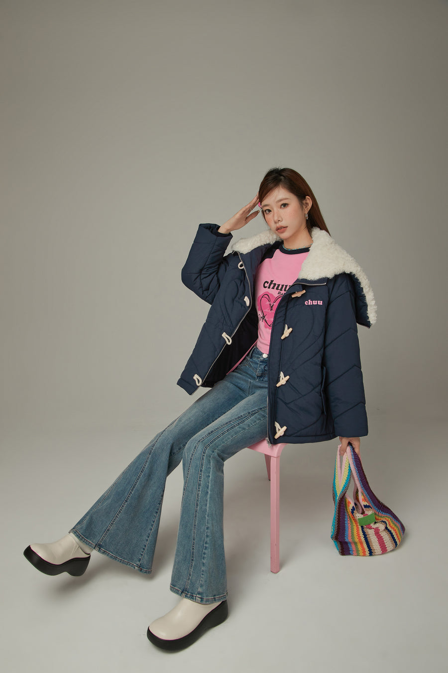 CHUU Fleece Collar Quilted Jacket