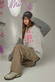 Color Combination Hood Knit Sweater