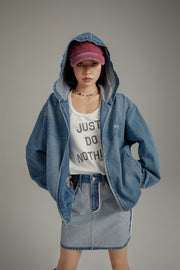 Embroidered Letter Denim Hooded Jacket