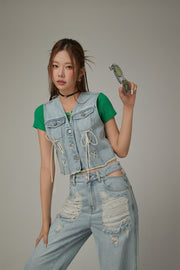 Lace Up Bow Denim Vest