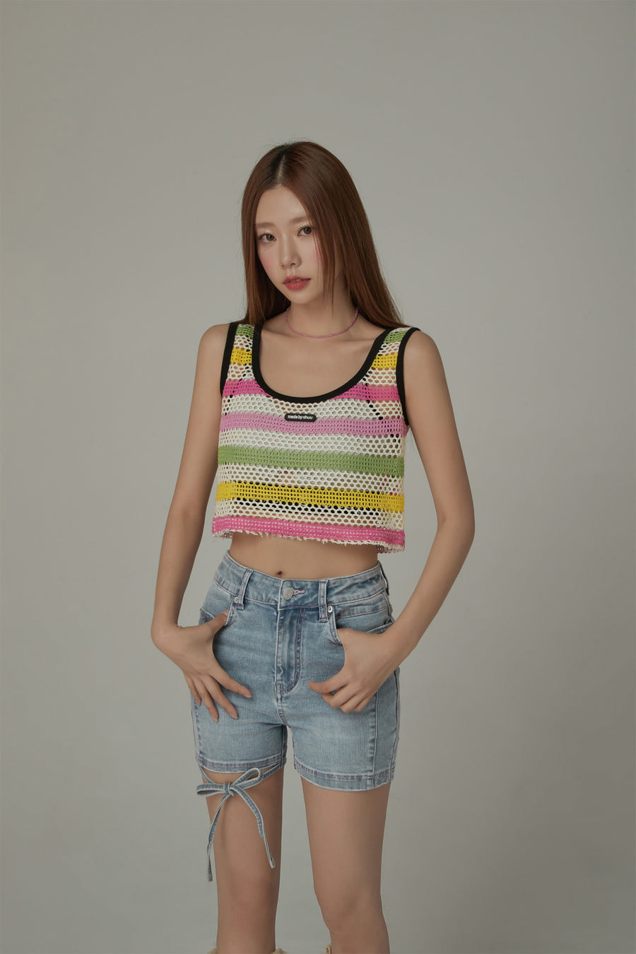 CHUU Crochet Mesh Colorblocked Crop Top