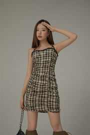 Check Sleeveless Halter Neck Shirring Dress