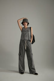 Elastic Waist Casual Diagonal Pocket Wide Leg Pants