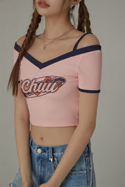 Chuu Lettering Off-The-Shoulder Crop T-Shirt