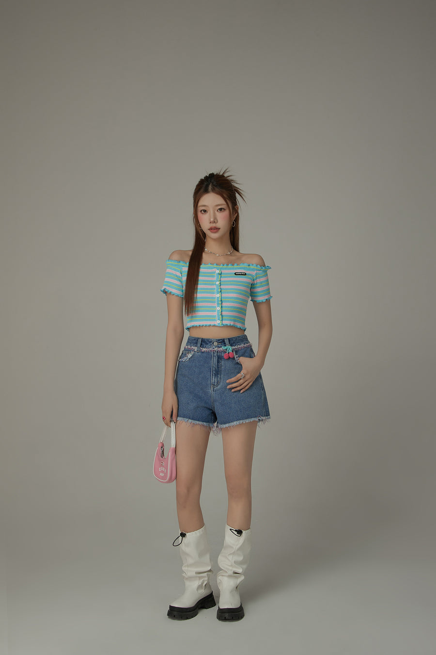 CHUU Ruffled Off The Slim Fit Crop Shoulder T-Shirt