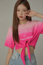 Gradient Short Sleeve Ribbon Tie Up Crop T-Shirt